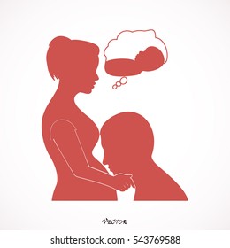 Vector illustration of future parents silhouette. Man kissing belly of pregnant woman