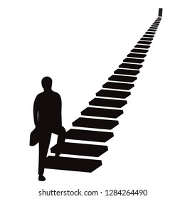 Vector illustration. Future success. first step. Businessman start climbing stair for success in career work, development  growth  progress vision future in black and white silhouette