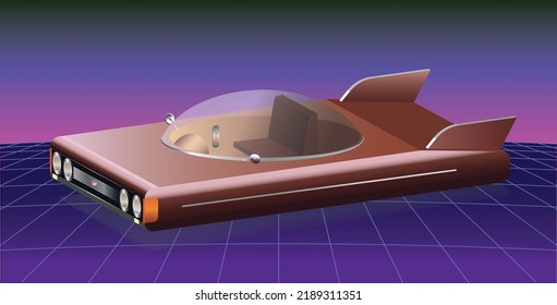 Vector illustration of a futuristic 3d hover car floating above the 1980's cyberpunk neon perspective grid, purple retrowave background