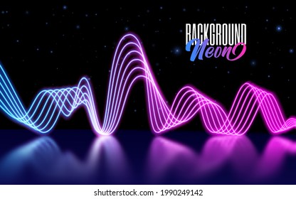 Vector illustration of futuristic abstract background. Motion blurred neon light curves with specular blurred reflection from below. Sound wave. Equalizer visualization effect