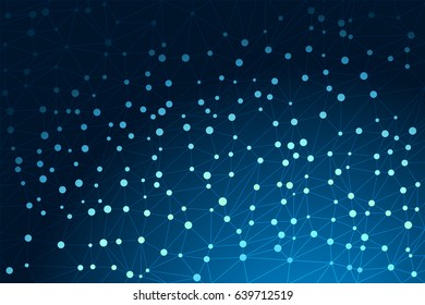 Vector illustration of a futuristic abstract background with triangular wireframe and dots pattern on dark blue gradient background. 