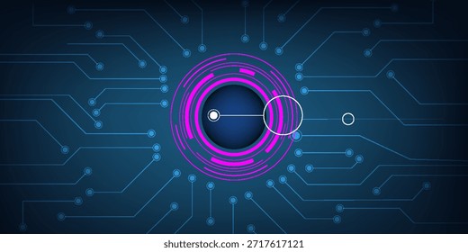 Vector illustration. Futuristic abstract eye on a circuit board, advanced computer technology.