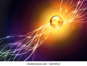 Vector illustration of  futuristic abstract glowing background resembling motion blurred neon light curves with Glossy Earth Globe