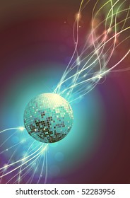 Vector illustration of  futuristic abstract glowing background resembling motion blurred neon light curves with Glossy disco ball