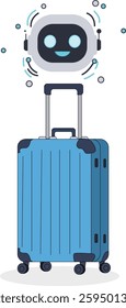 Vector illustration of futuristic AI-powered smart luggage with a robotic assistant. Represents innovation in travel technology, automation, and intelligent baggage solutions for modern travelers.

