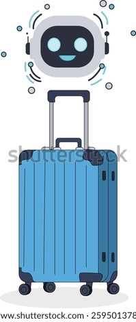 Vector illustration of futuristic AI-powered smart luggage with a robotic assistant. Represents innovation in travel technology, automation, and intelligent baggage solutions for modern travelers.

