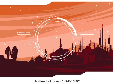 vector illustration of a futuristic alien settlement in the surface of an unknown planet, silhouettes of astronauts in the foreground