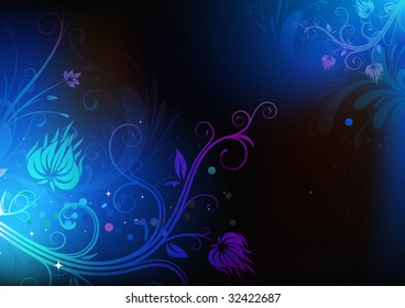 Vector illustration of futuristic background made of blue shiny floral elements