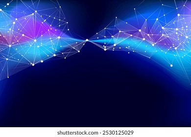 Ilustração vetorial. Mistura futurista de padrões geométricos e ondas fluindo, capturando essência de fronteira digital em tons suaves de azul. Conceito de geometria abstrata, design moderno.