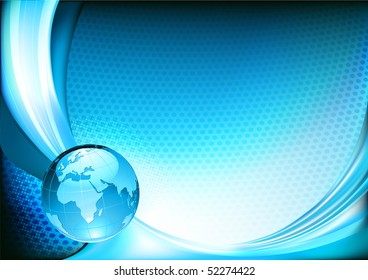 Vector illustration of  futuristic blue  abstract spotty background resembling motion blurred neon light curves with Glossy Earth Globe