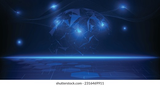 Vector illustration of futuristic blue digital horizontal layout empty space with futuristic tech globe and  wireframe wave form.Digital communication innovation and technology concepts.