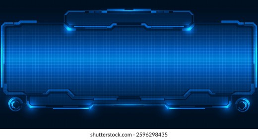 Vector illustration of futuristic blue digital high technology with grid window and tech frame for game and advertising artwork.Future tech design concepts.