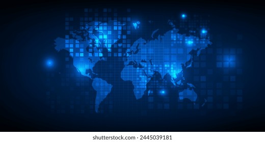 Vector illustration of futuristic blue world map grid sector with distribute point light and wave wireframe.Digital communication technology concepts.