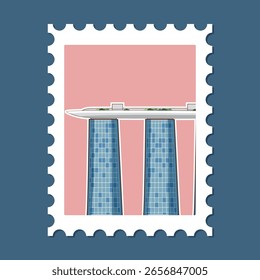 Ilustração vetorial de um edifício futurista em um selo postal estilizado. Apresenta linhas limpas, cores pastel e formas geométricas