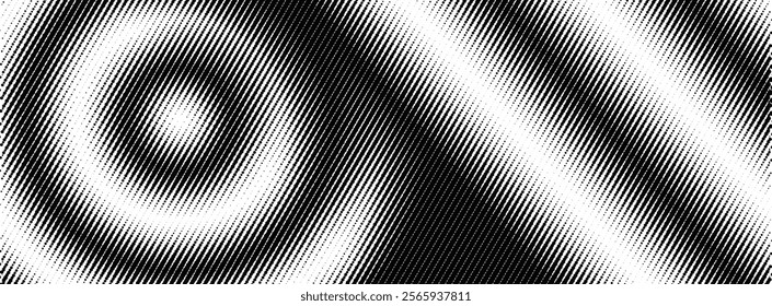 vector illustration, futuristic circular halftone design with dynamic diagonal stripes in bold black and white, surface texture background.