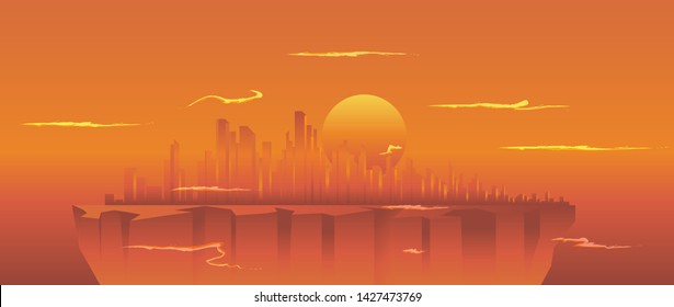 vector illustration of futuristic city up in the clouds, sunset sky and clouds, cityscape on top of the rock cliff, game background