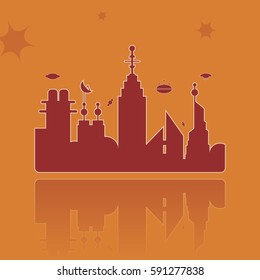 Vector illustration of futuristic city. Flat image on the orange background.