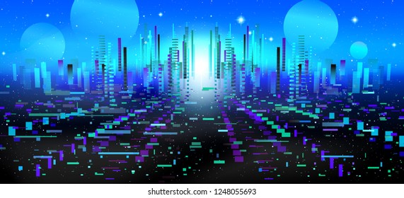 Vector illustration of a futuristic city of the future. Fantasy, technocracy, virtual reality. Blue sky.