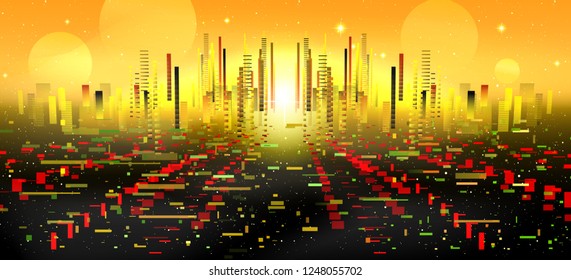 Vector illustration of a futuristic city of the future. Fantasy, technocracy, virtual reality. Yellow sky.