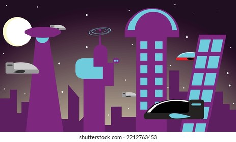 Vector illustration of a futuristic city. Silhouettes of buildings on the background. Skyscrapers in the foreground. Futuristic city, flying vehicles. Moon, stars, glow over the city, space.