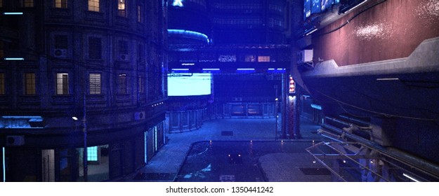 Vector illustration of the futuristic city in the style of cyberpunk. Empty street with neon lights. Beautiful night cityscape.