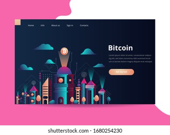 Vector illustration. Futuristic cityscape. The city of the future. A symbol of bitcoin and blockchain. Geometric shapes and memphis style. Landing page template