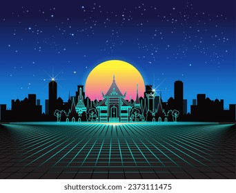 Vector illustration of a futuristic cyber city landscape with neon lights.