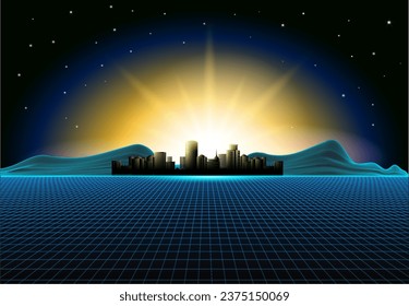 Vector illustration of a futuristic cyber city landscape with neon lights.