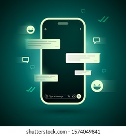 Vector Illustration Futuristic Cyber Messenger Concept. Smartphone With Chat Bubbles And Emoticons.