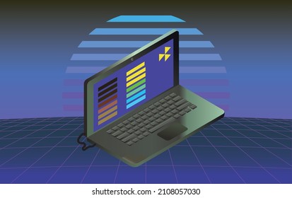 Vector illustration of futuristic cyberpunk hacker's laptop on a retrowave background