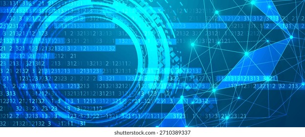 Ilustración vectorial. Fondo digital futurista con código binario brillante. Abstractas diseño tecnológico con flujos de datos, cifrado y Elementos del ciberespacio. Diseño para Web, seguridad y programación