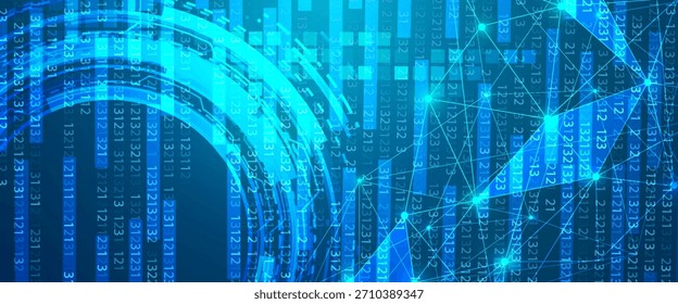 Vector illustration. Futuristic digital background with glowing binary code. Abstract tech design featuring data streams, encryption, and cyberspace elements. Design for web, security, and programming