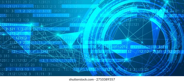 Ilustración vectorial. Fondo digital futurista con código binario brillante. Abstractas diseño tecnológico con flujos de datos, cifrado y Elementos del ciberespacio. Diseño para Web, seguridad y programación