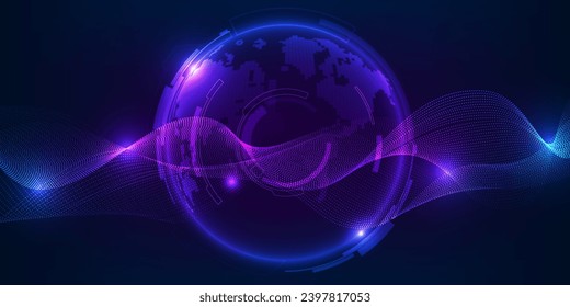 Vector illustration futuristic digital communication technology background with glowing blue and purple globe and wave wireframe.Digital communication economic and technology concepts.