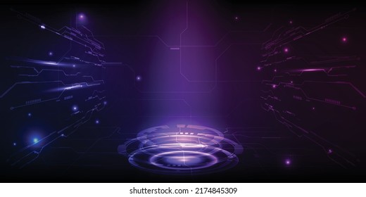 Ilustración vectorial de la escena digital de alta tecnología futurista con decoración de elementos digitales alrededor de una atmósfera azul y violeta vívida.Conceptos de ciencia ficción y tecnología digital.