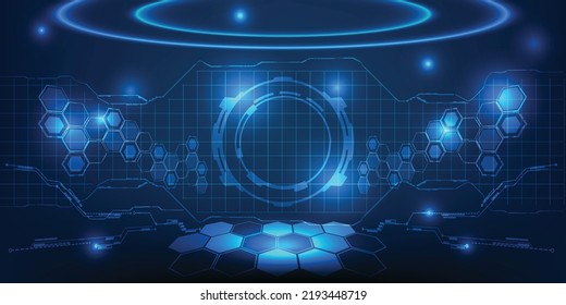 Ilustración vectorial de la perspectiva y disposición futurista del espacio digital para el escaparate con elementos digitales de alta tecnología alrededor.Conceptos de diseño de tecnología futura.