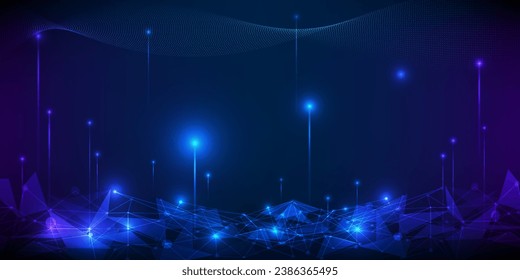 Vector illustration of futuristic digital technology background with glowing dots floating on digital landscape and wave wireframe above for game graphic and advertising artwork.
