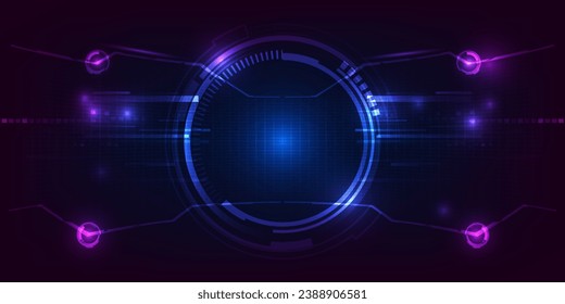 Vector illustration of futuristic digital technology background with circle tech head up display,grid field and circuits network curve panel for advertising and game graphic 
