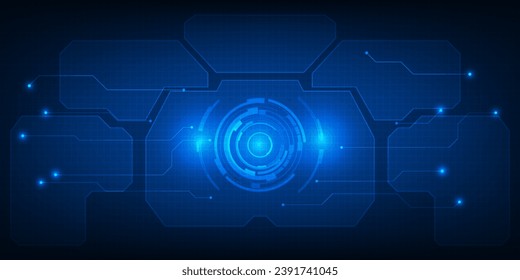 Vector illustration of futuristic digital technology background with circle tech head up display,grid field and circuits network curve panel for advertising and game graphic 