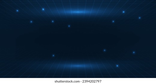 Vector illustration of futuristic digital technology background.Horizontal digital empty space with glowing dot pattern and perspective grid for advertising and game graphic artwork.