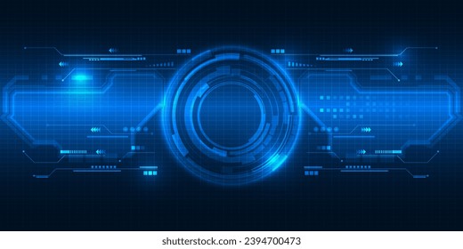 Vector illustration of futuristic digital technology background with circle tech head up display,grid field and circuits network panel for advertising and game graphic 