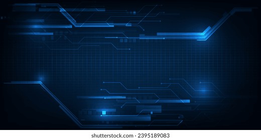Vector illustration of futuristic digital technology background.Horizontal digital space with glowing dot pattern and tech circuits network for advertising and game graphic artwork.