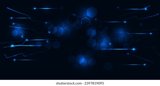 Vektorgrafik futuristisch-digitaler Technologie Hintergrund mit sechseckigen Netzwerken und bewegter Gleuchtpunkt- und Schaltkreiskurve für Werbelayout und Produktpräsentation.
