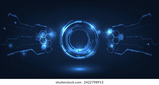 Vector illustration of futuristic digital technology background with circle tech head up display,grid field and circuits network panel for advertising and game graphic 