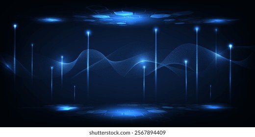 Vector illustration of futuristic digital technology background with glowing dots floating on digital landscape and wave wireframe above for game graphic and advertising artwork.