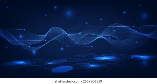 Ilustración vectorial de fondo de tecnología digital futurista con puntos brillantes flotando en el paisaje digital y el marco de alambre de la onda encima para el gráfico del juego y las ilustraciones publicitarias.