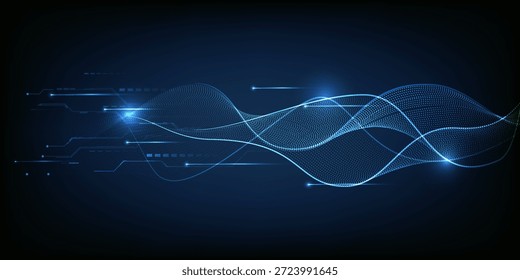 Vector illustration of futuristic digital technology background with hyperspeed glowing dots on digital wave wireframe above for game graphic and advertising artwork.