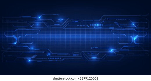 Vector illustration of futuristic digtial technology background.Horizontal digital space with glowing dot pattern and tech circuits network for advertising and game graphic artwork.