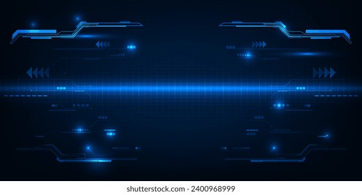 Vector illustration of futuristic digtial technology background.Horizontal digital space with glowing dot pattern and tech circuits network for advertising and game graphic artwork.