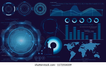 Ilustración vectorial de pantalla futurista, diseño de hud de interfaz, infografía, gráfico de escaneo o ondas, flecha de advertencia y regulador de barras. Tecnología y ciencia, tema de análisis.
